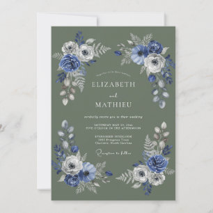 Indigo Grüne Botanische Florale Hochzeit Einladung