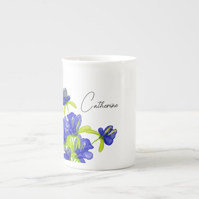 Indigo-Iris-Blumen-Wasserfarbe-Monogramm Prozellantasse (Vorderseite)