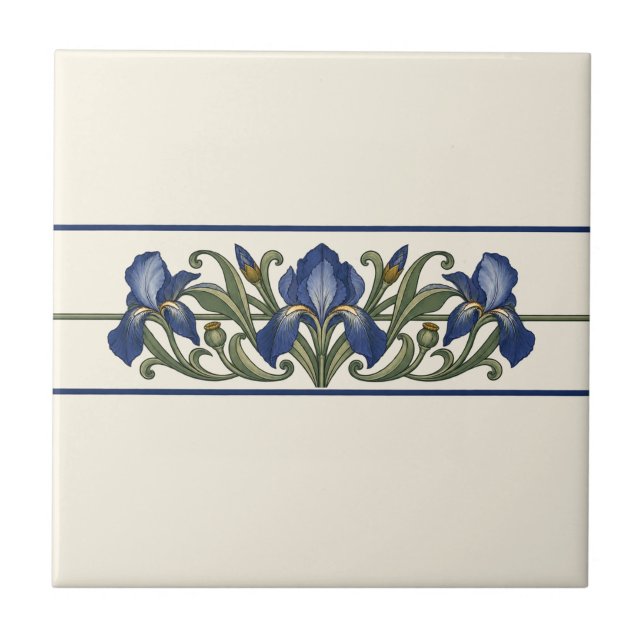 Indigo-Iris mit individuellem Hintergrund Fries Fliese (Original tile design - warm ivory background.)