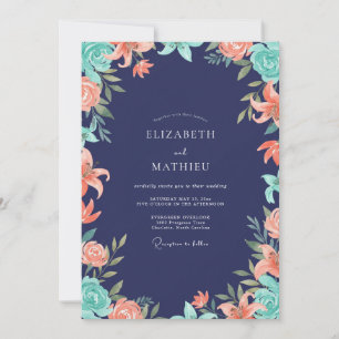 Indigo-Korallen-Lilien-Hochzeit Einladung