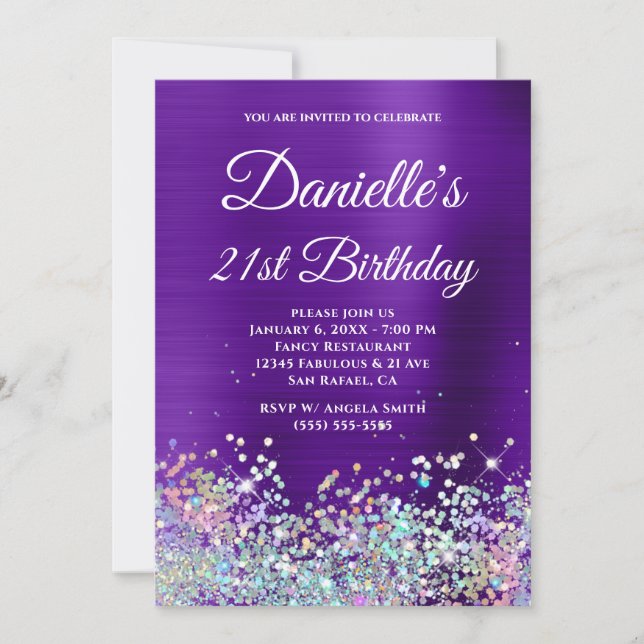 Indigo Lila Foil Holo Glitzer 21. Geburtstag Einladung (Vorderseite)