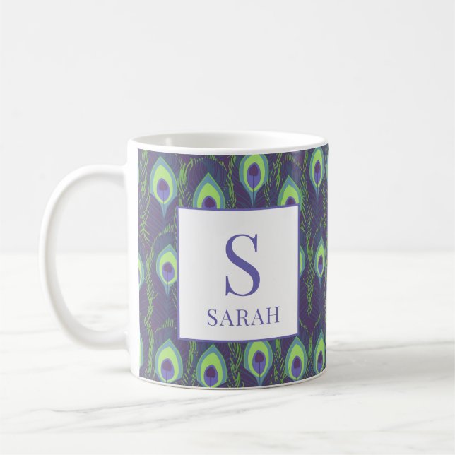 Indigo Lime Green Peacock Custom Initial Mug Kaffeetasse (Links)