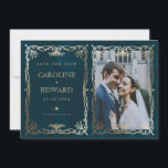 Indigo Medieval Gold Ivy Foto QR Code Save The Date<br><div class="desc">Indigo Medieval Gold Ivy Foto QR Code</div>