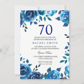 Indigo Midnight Blue Floral 70. Geburtstag Einladu Einladung