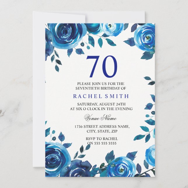 Indigo Midnight Blue Floral 70e Invitation d'anniv (Devant)