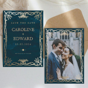Indigo Mittelalterlicher Gold Efeu Hochzeit  Save The Date