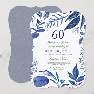 Indigo Navy Blue Leaf Floral 60. Geburtstag Einlad Einladung
