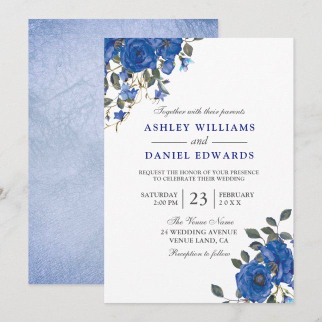 Indigo Navy Midnight Blue Floral Wedding Einladung (Vorne/Hinten)