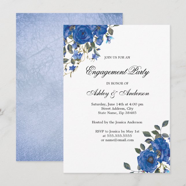 Indigo Navy Midnight Blue Flowers Engagement Party Einladung (Vorne/Hinten)