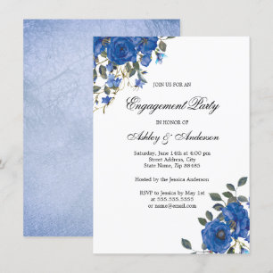 Indigo Navy Midnight Blue Flowers Engagement Party Einladung