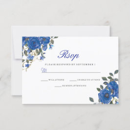 Indigo Navy Midnight Blue Flowers Wedding RSVP Karte