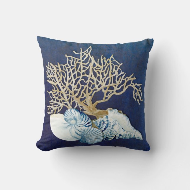 Indigo Ocean Coral Seashells Nautical Beach House Kissen (Vorderseite)