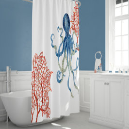 Indigo Ocean Red Fan Coral Blue Octopus Wasserfarb Duschvorhang