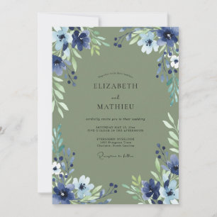 Indigo-Oliv-Blüten-Hochzeit Einladung