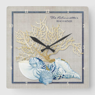 Indigo Ozean Krabbe Muscheln Maritim Strandhaus Quadratische Wanduhr