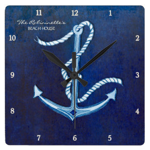 Indigo-Ozean-Krabbeseashells-Seestrand-Haus Quadratische Wanduhr