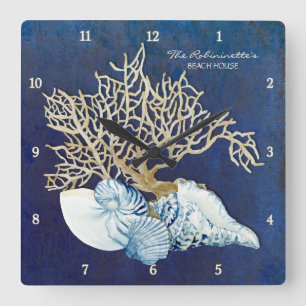 Indigo-Ozean-Krabbeseashells-Seestrand-Haus Quadratische Wanduhr
