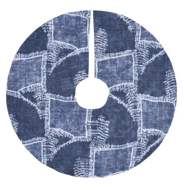 Indigo Patchwork: Textured Checked Elegance Polyester Weihnachtsbaumdecke (Vorderseite)