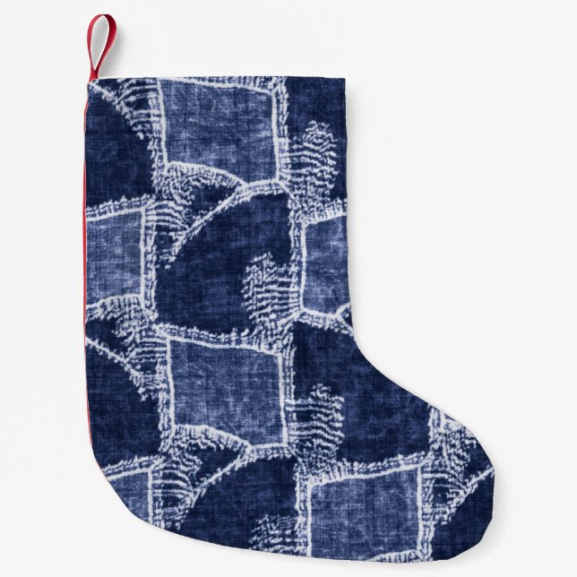 Indigo Patchwork: Texturierte Eleganz im Karomuste Kleiner Weihnachtsstrumpf (Vorderseite)