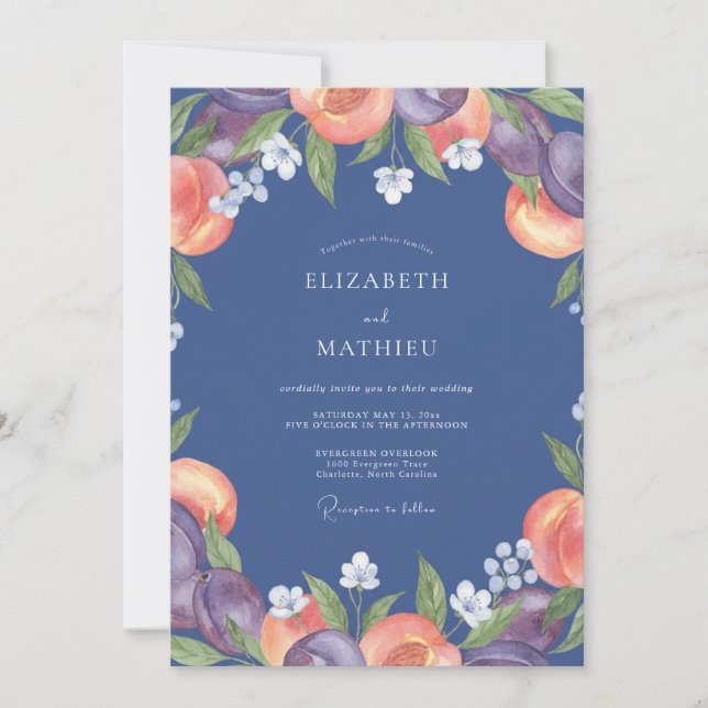 Indigo-Pfirsich-Ranunculus-Eukalyptus-Hochzeit Einladung (Vorderseite)