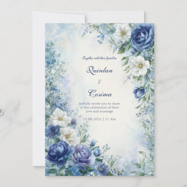 Indigo Rose Misty Watercolor Border Wedding Einladung (Vorderseite)