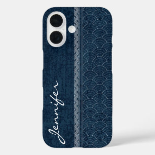 Indigo-Sashiko-Muster japanischer Stickerei-Name iPhone 16 Hülle