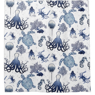Indigo Shibori Beach Octopus Sea Turtle Seepferd Duschvorhang