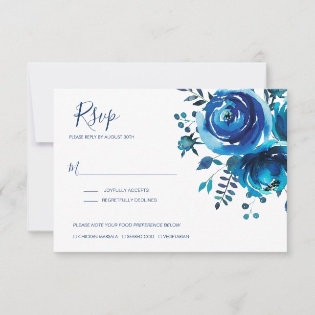 Indigo Smood Floral Wedding RSVP Karte (Vorderseite)