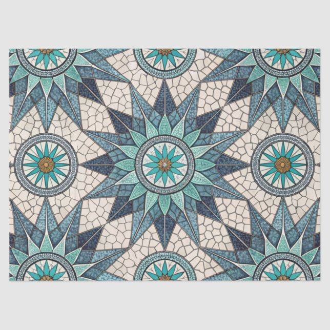 Indigo Teal Compass Mosaic – Stained Glass Seidenpapier (Vorderseite)