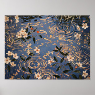 Indigo-Teich-Kräuselungen und Blüten Kunst Poster