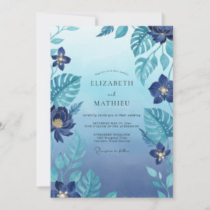 Indigo Tropische Monstera Eukalyptus Hochzeit Einladung