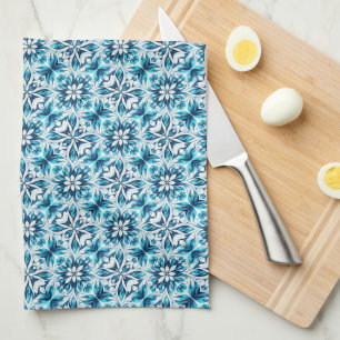 Indigo, Türkis, Himmelblau und Weiß Damast floral Geschirrtuch