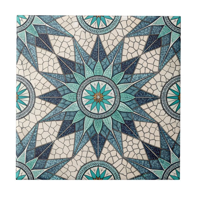 Indigo Türkis Kompass Mosaik – Bleiglas Fliese (Vorderseite)
