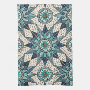 Indigo Türkis Kompass Mosaik – Buntglas Geschirrtuch