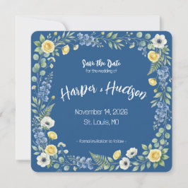 Indigo- und gelbe Blüten - Save-the-Date-Karte Save The Date