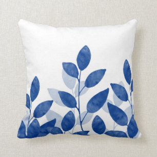 Indigo Watercolor-Blätter Kissen