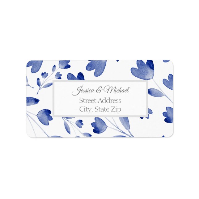 Indigo Watercolor Blume Stems Muster Adressaufkleber (Vorne)