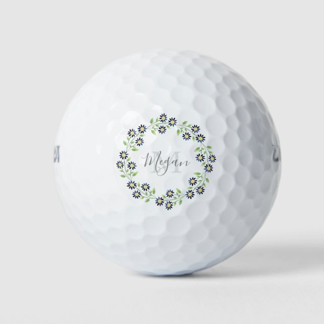 Indigo Watercolor Daisies Wreath Golfball (Vorderseite)