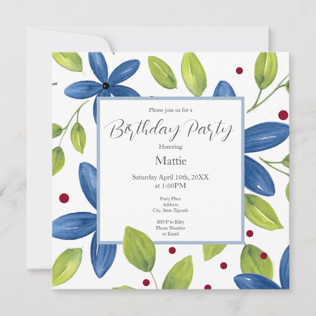Indigo Watercolor Floral Bouquet Einladung (Vorderseite)