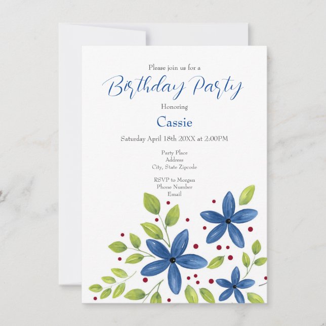 Indigo Watercolor Floral Bouquet Einladung (Vorderseite)