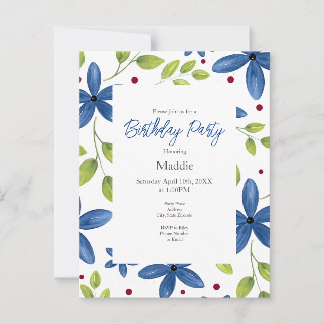 Indigo Watercolor Floral Bouquet Muster Einladung (Vorderseite)