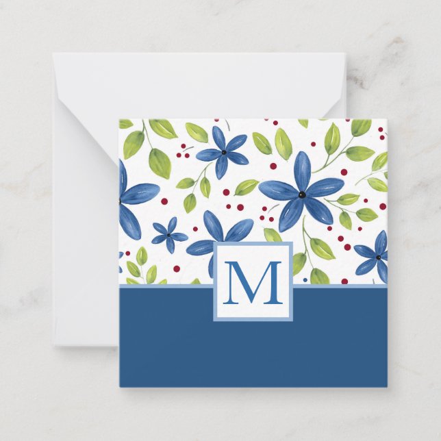 Indigo Watercolor Floral Bouquet Muster Mitteilungskarte (Vorderseite)