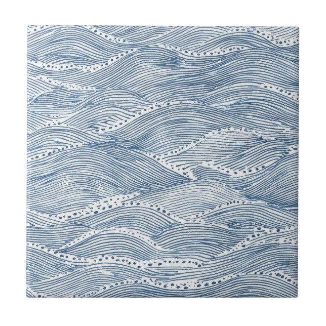 Indigo-Wellen-Linienkunst Fliese (Vorderseite)
