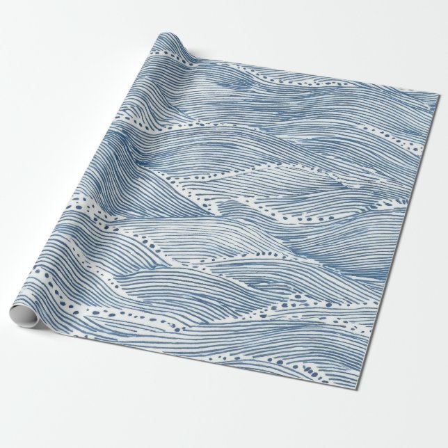 Indigo-Wellen-Linienkunst Geschenkpapier (Ungerollt)