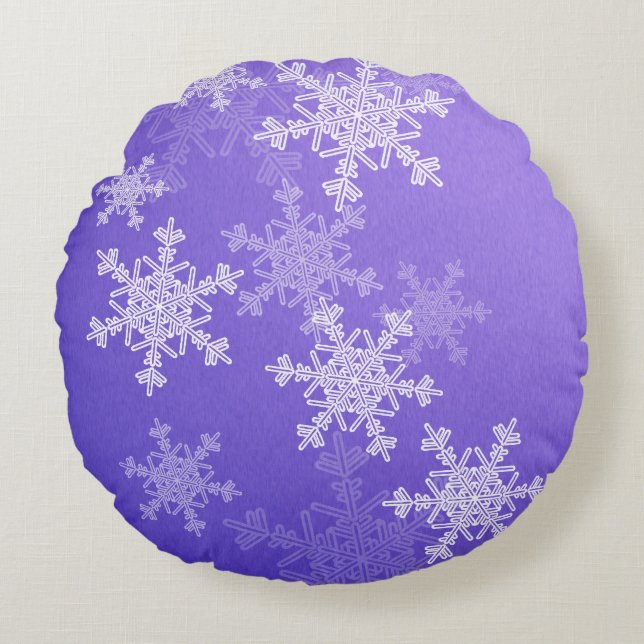 Indigo White Snowflakes Minimalistisch Weihnachten Rundes Kissen (Vorderseite)