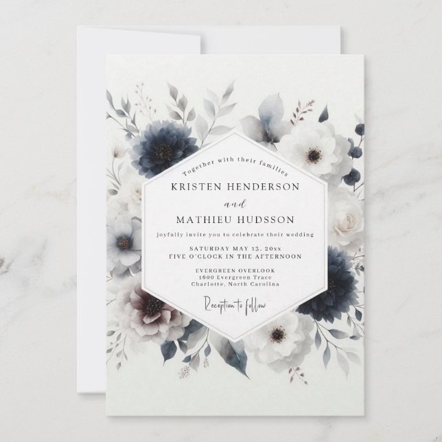 Indigo Winter Floral Wedding Einladung (Vorderseite)