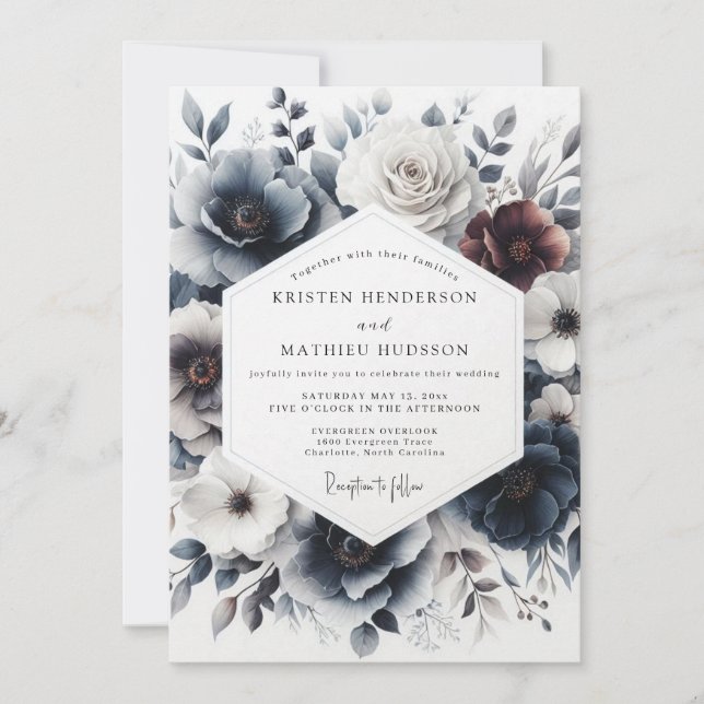 Indigo Wintertide Blütenhochzeit Einladung (Vorderseite)