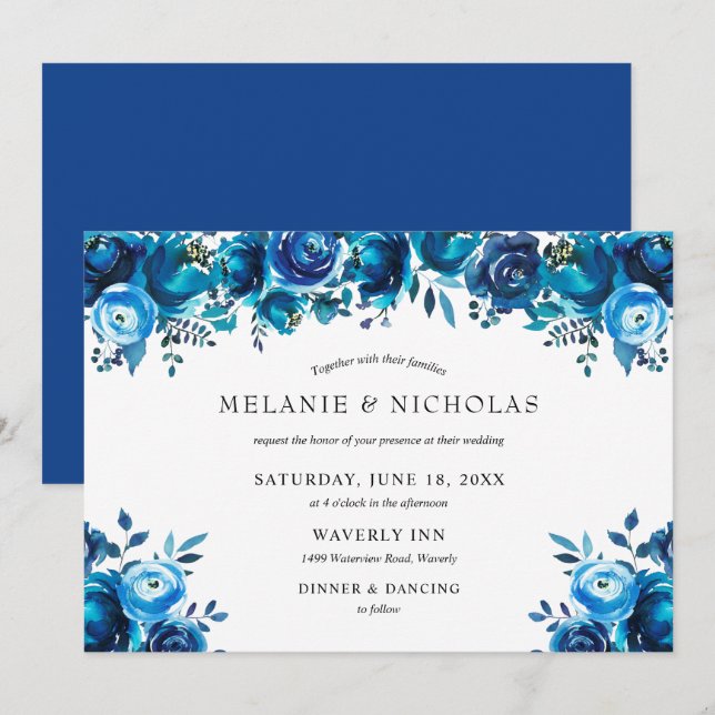 Indigoblau-Aquarellblume horizontale Hochzeit Einladung (Vorne/Hinten)