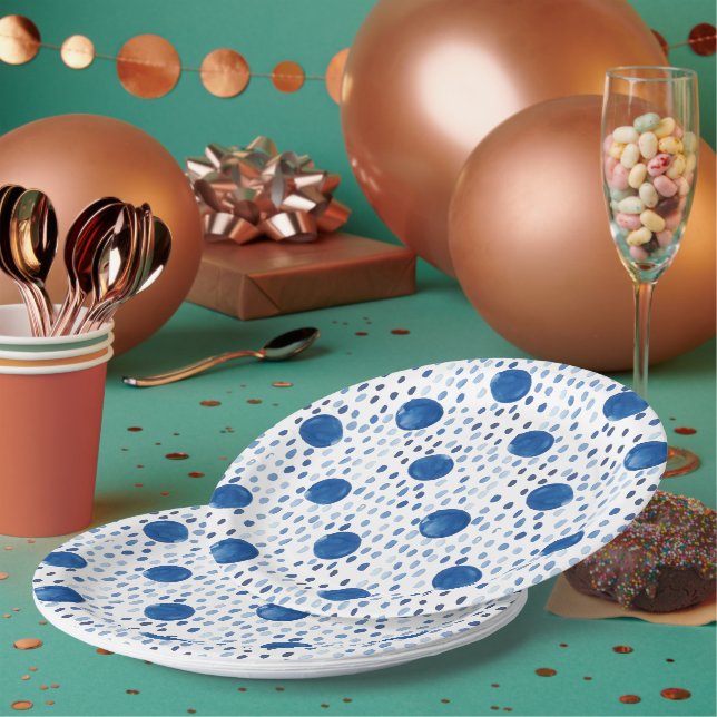 Indigoblau Aquarellfarben Polka dots shibori Pappteller (Multi)