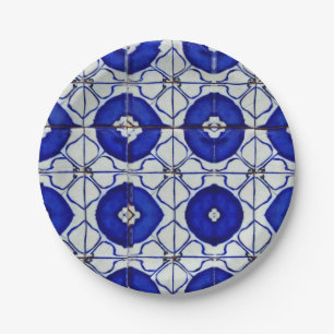 Indigoblau-weiß-geometrisch-marokkanisches Mosaik Pappteller